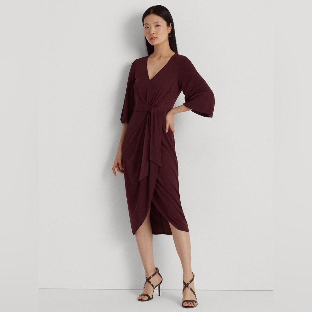 Lauren Ralph Lauren Knot-Front Midi Dress Burgundy Wine Size 6 NWT